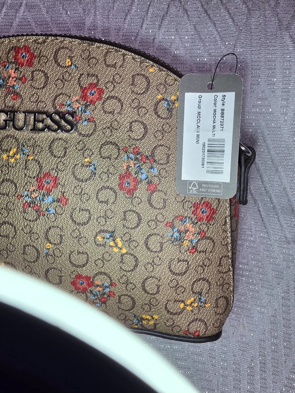 GUESS Beige Floral Logo Dome Crossbody with Red & Yellow Accents